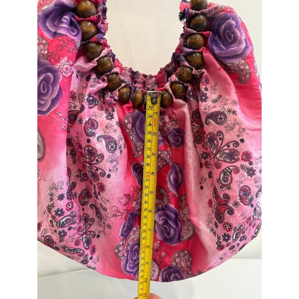 Pink Purple Floral Paisley Hobo Bag Wooden Bead Handle Satin Boho Handbag